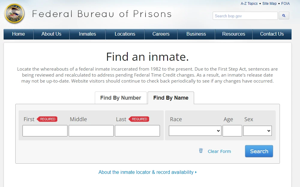 A screenshot of the Inmate search tool of the Federal Bureau of Prisons, where interested parties may check for the locations of federal inmates incarcerated from 1982 up to the present by providing either the booking number or the inmate's name.