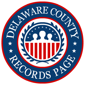 A round, red, white, and blue logo with the words 'Delaware County Records Page' in relation to the state of Indiana.