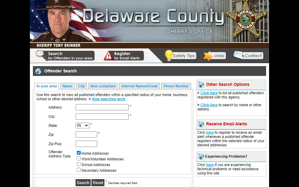 A screenshot of the sex offender registry portal of Delaware County, Indiana, maintained by the Sheriff's Office that can be browsed by providing either the address in the searcher's area, name, or city or by checking the non-compliant list of offenders, internet name/email, or phone number.