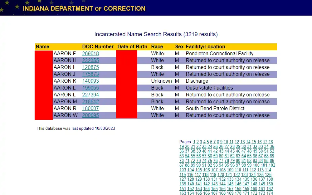 A screenshot displaying sample results from the incarcerated name search done through the portal maintained by the Indiana Department of Correction showing the names, DOC numbers, DOB, race, sex, and Facility or locations of the incarcerated individuals.