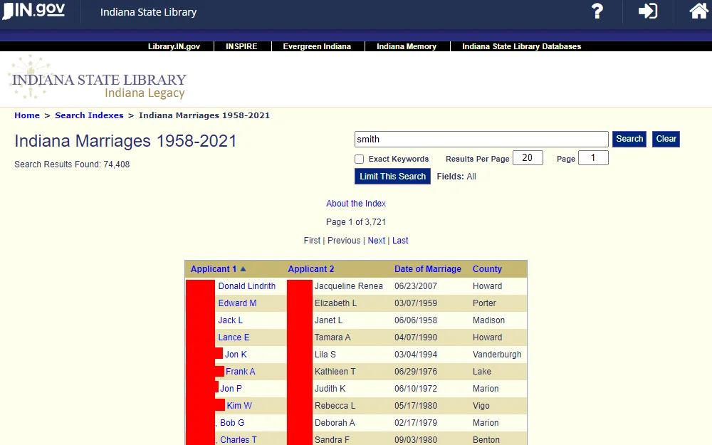 A screenshot of the summary list of Indiana marriages from 1958 up to 2021 showing the applicant 1 and 2 names, date of marriage, and the county where the event occurred or registered.