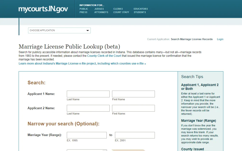 A screenshot of the Marriage License Public Lookup tool offered by the Indiana Supreme Court, where one can search for marriage records by providing the applicants' names and the marriage year range.