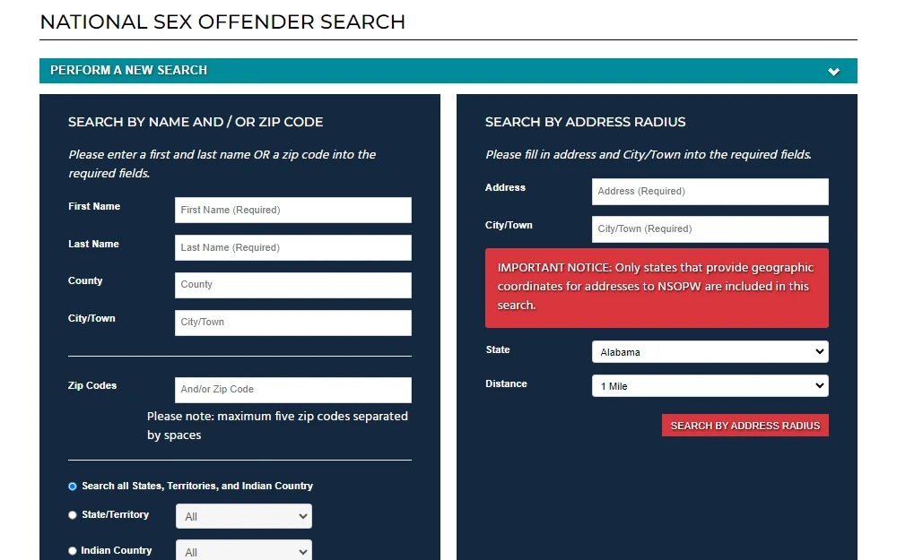 A screenshot of the National Sex Offender Public Website that is searchable either by name, by zip code, or by address radius.