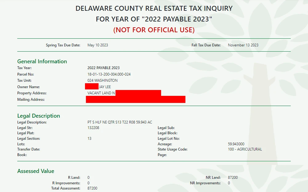 A screenshot of a sample real estate tax information provided by the Delaware County Indiana Treasurer's Office showing the general information, legal description, assessed value, and other information about the property.