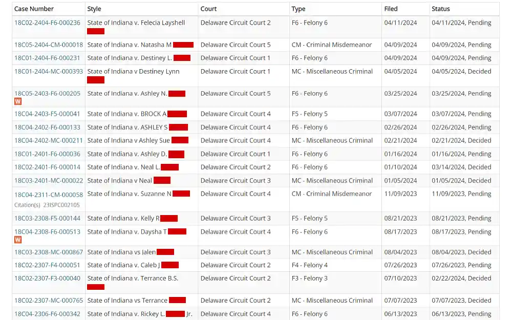 A screenshot showing case search results with information: case number, style, court, type, date filed and status from the MyCase, Indiana Courts website.