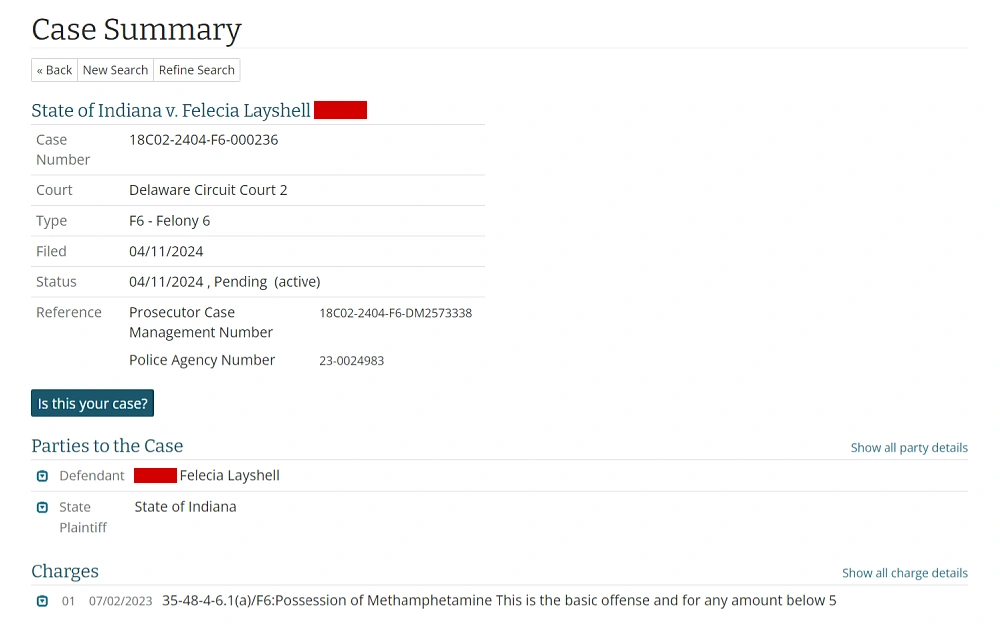 A screenshot of the case summary from the MyCase, Indiana Courts website, with details such as the case number, court, type, date filed, status, reference, parties to the case and charges.