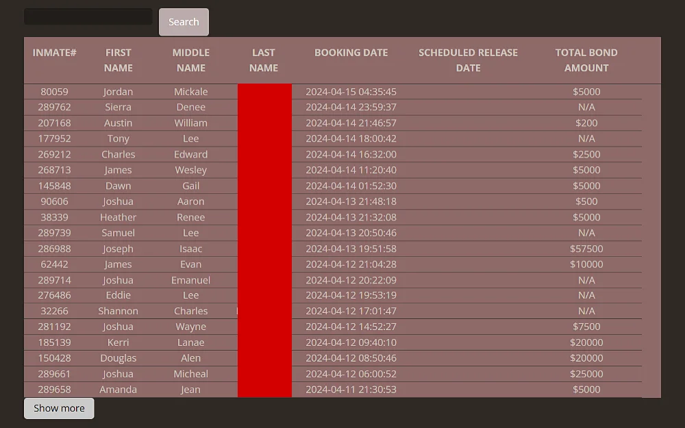 A screenshot displaying an inmate lookup search results with information showing inmate number, first name, middle name, last name, booking date, scheduled release date and total bond amount from the Delaware County Sheriff’s Office website.