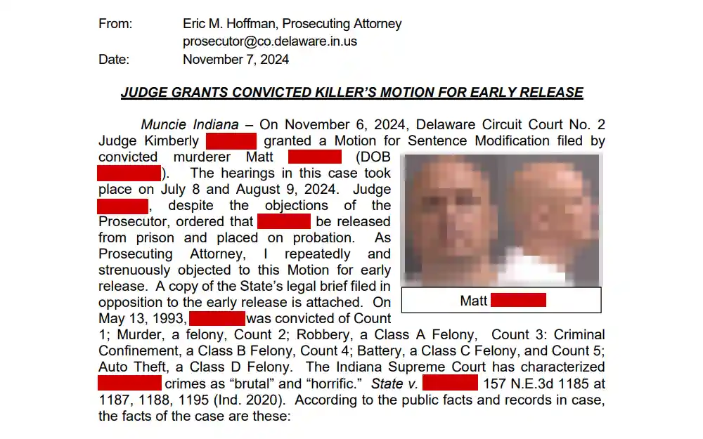 A screenshot from a press release by the Delaware County Prosecutor's Office shows a report about a murderer being granted early release, along with the offender's name, mugshot, birthdate, and charges.