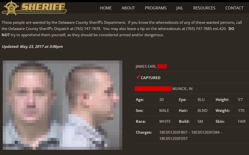 A screenshot from the Delaware County Sheriff's Office shows one of the most wanted individual's mugshot, along with his name, age, sex, weight, height, hair and eye colors, race, build, skin color, and charges.