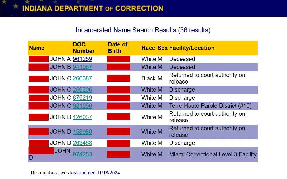 A screenshot taken from the Indiana Department of Correction displays the incarcerated individuals search results, including the offender's name, DOC number, birthday, race, sex, and facility.